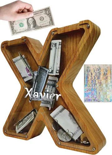 Miniatura 68 de Alcancía para niños y niñas, alcancía grande de madera personalizada con diseño recortado, bancos de monedas con letras del alfabeto, caja de ahorro