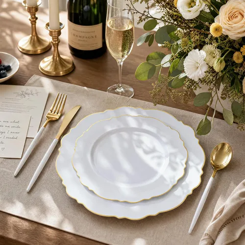 Miniatura 2 de WDF - Vajilla de plástico desechable para 30 invitados platos color oro y cubiertos color oro con mango blanco - Vajilla de plástico barroco blanco