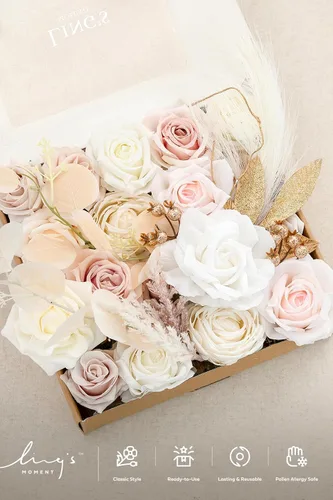 Miniatura 5 de Ling's moment Caja de Flores Artificiales, Tallos de Follaje Artificial, Rosas de Espuma, Bayas de Seda, Eucalipto de Tela, Flor para Centros