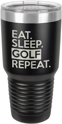 Miniatura 19 de Vaso con tapa superior deslizante y pajita de acero inoxidable para viaje con texto en inglés "EAT SLEEP GOLF REPEAT" de 76 ml en comparación