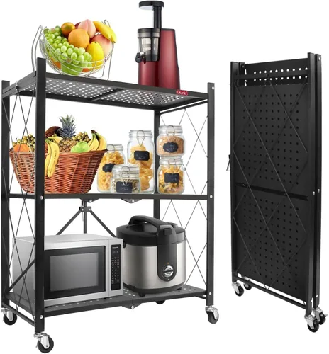 Miniatura 16 de DEANIC Estantes de almacenamiento plegables de 3 niveles con ruedas, soporte para electrodomésticos de cocina, estante de alambre de metal Gris