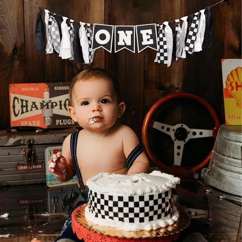 Miniatura 5 de VANGNING Cartel para silla alta de coche de carreras, cartel blanco y negro para silla de bebé, decoración de primer cumpleaños, tema de autos