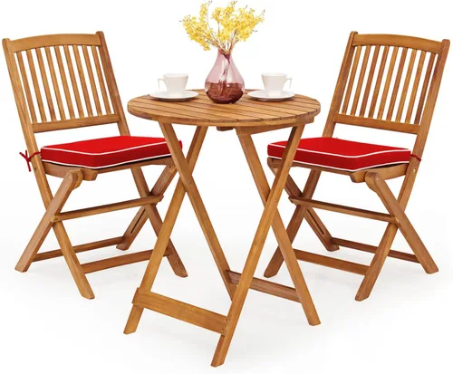 Tangkula Juego de 3 piezas de sillas y mesa de madera de acacia para exteriores, con cojín acolchado y mesa de centro redonda, ideal para patio Rojo