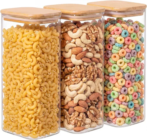 Miniatura 12 de Paquete de 6 tarros de almacenamiento de vidrio rectangulares pequeños de 0.7 cuartos con tapas de bambú, recipientes de almacenamiento de despensa