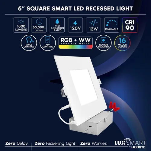 Miniatura 7 de LUXRITE Paquete de 12 luces empotrables LED inteligentes cuadradas de 6 pulgadas, cambio de color RGBW, control de aplicación WiFi, control de voz
