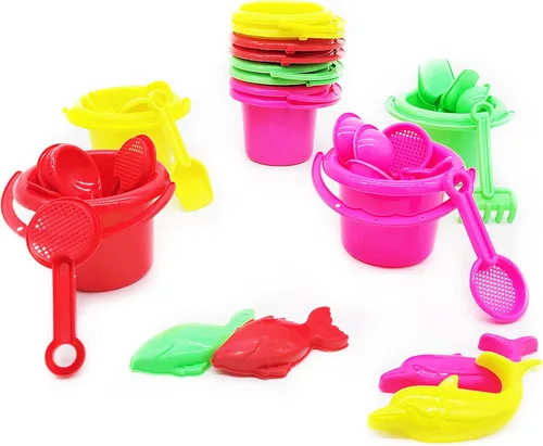 Miniatura 2 de The Dreidel Company Mini juegos para el día de la playa (paquete de 12) cubo de arena de 3.25 pulgadas, la caja incluye cubo, pala, rastrillo