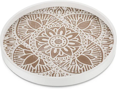 Miniatura 8 de Hanobe Bandeja decorativa redonda para mesa: bandejas de mesa de café boho para decoración del hogar – Medio siglo Farmhouse Circle Wood Serving