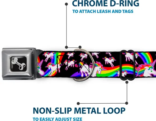Miniatura 5 de Buckle-Down Collar de perro con hebilla de cinturón de seguridad, unicornios/arco iris negro, 1 pulgada de ancho, se adapta a cuello de 9 a 15