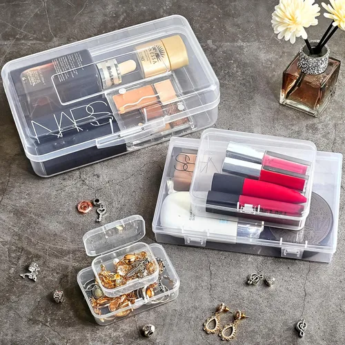 Miniatura 6 de Paquete de 7 mini recipientes de plástico rectangulares de varios tamaños, cajas de almacenamiento de plástico transparente con tapas con bisagras
