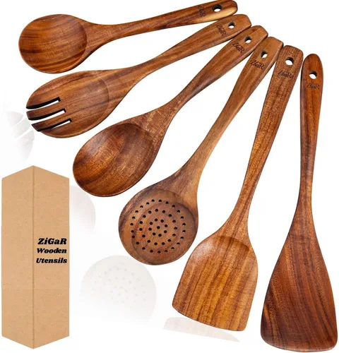 Cucharas de madera para cocinar, utensilios de madera de teca de 6 piezas, juego de utensilios de cocina duraderos resistentes al calor, sin