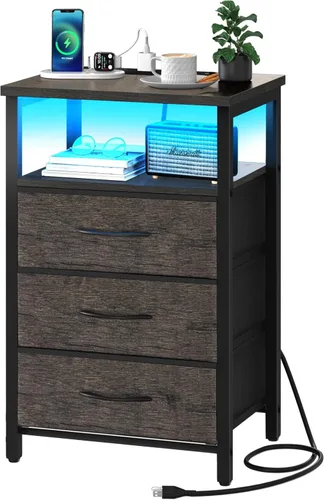 Miniatura 11 de Yoobure - Mesita de noche - Cómoda pequeña para dormitorio, mesita de noche LED negra con estación de carga, mesa de noche con 4 cajones de tela