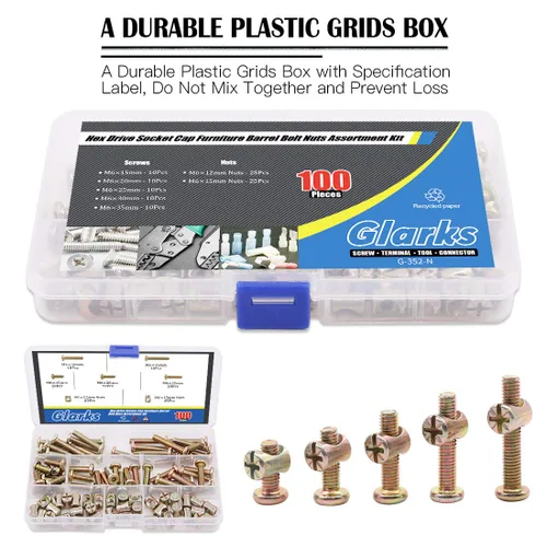 Miniatura 5 de Glarks Juego de 100 tornillos de cabeza hexagonal chapados en zinc M6x15/20/25/30/1.378 in para muebles, tornillos y tuercas de barril, kit surtido