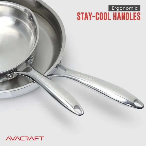 Miniatura 7 de AVACRAFT - Sartén de acero inoxidable 18/10 con tapa de cristal, dos boquillas laterales para fácil verter y mango ergonómico, sartén, 12 pulgadas