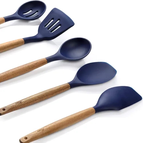 Miniatura 5 de Juego de utensilios de cocina de silicona antiadherente con mango de madera dura de acacia natural, 5 piezas, azul medianoche, sin BPA, utensilios