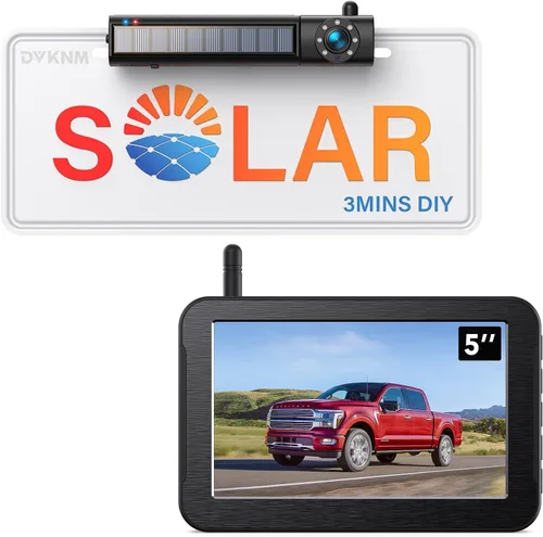 Cámara solar inalámbrica de respaldo, monitor IPS 1080P de 5 pulgadas y cámara de respaldo de encendido y apagado automático, 2 minutos de fácil