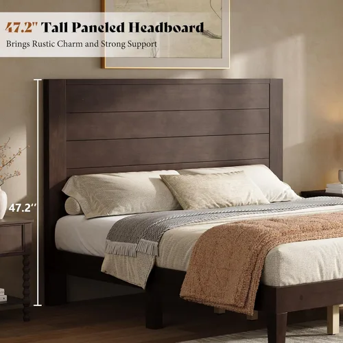 Miniatura 4 de AMERLIFE Base de cama tamaño Queen con cabecera de 48 pulgadas de alto, cama de plataforma de madera maciza moderna de mediados de siglo con sistema