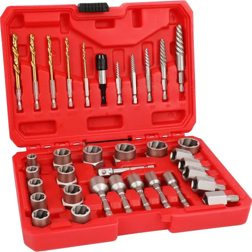 Miniatura 15 de Juego de 53 extractores de tornillos, juego de brocas para mano izquierda 6542/4341 HSS, juego de extractor de pernos fácil de sacar con adaptador