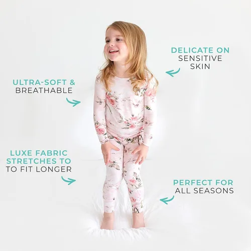 Miniatura 13 de Posh Peanut Pijamas para niñas, suaves, de viscosa de bambú para niños, pijamas a juego de manga larga para niñas