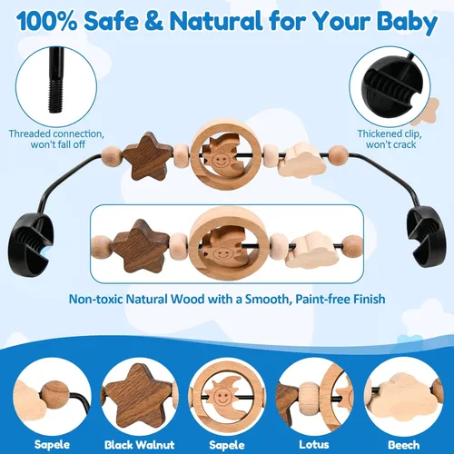 Miniatura 4 de Barra de juguete de actividad de madera natural para bebé Bjorn Bouncer, juguetes colgantes de luna sonriente giratoria de 360° para asiento