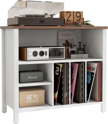Miniatura 8 de Soporte para tocadiscos, gabinete de almacenamiento de discos de vinilo de mediados de siglo, soporte para tocadiscos de 3 niveles, soporte