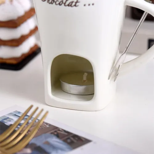Miniatura 4 de Taza de fondue de chocolate, taza de cerámica para fondue, taza calentadora de café con tenedor de acero inoxidable para queso, mantequilla (blanco)
