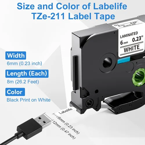 Miniatura 2 de Labelife Paquete de 6 cintas de etiquetas TZe-211 de 0.23 pulgadas de repuesto para Brother P Touch TZe TZ Cinta de 0.236 in 0.23 Laminada Blanca