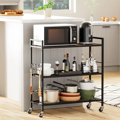 Miniatura 8 de Estante de almacenamiento de metal de 3 niveles con ruedas industriales, estantería de malla con mesa de madera, estante ajustable, 31.5 pulgadas