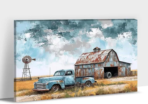 Miniatura 20 de Lienzo de pared de camión antiguo de granja, arte de pared de granero rústico, impresiones de lienzo de camioneta vintage de campo, impresiones