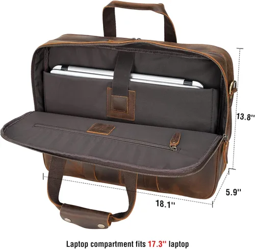 Miniatura 5 de Maletín grande de cuero para hombres de 18 pulgadas de grano completo para laptop, bolsa de mensajero para portátil de 17.3 pulgadas, marrón oscuro