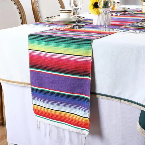 Miniatura 5 de Tegeme 12 Piezas Caminos de Mesa Mexicanos 14 x 84 Pulgadas Camino de Mesa Mexicano Serape Manta Decorativa con Flecos de Algodón Decoración