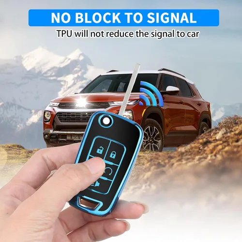 Miniatura 4 de QBUC Funda para llavero Chevy con llavero para Chevrolet Equinox Buick Camaro Cruze Malibu Impala Sonic Protección completa (negro/azul)