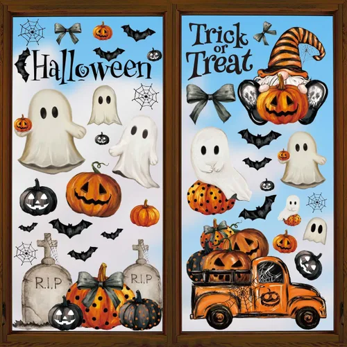 Miniatura 13 de Horaldaily 40 calcomanías de Halloween para ventana, Jack-O-Lantern, calabaza, camión, gnomo, fantasma, murciélagos, gatos, suministros de fiesta