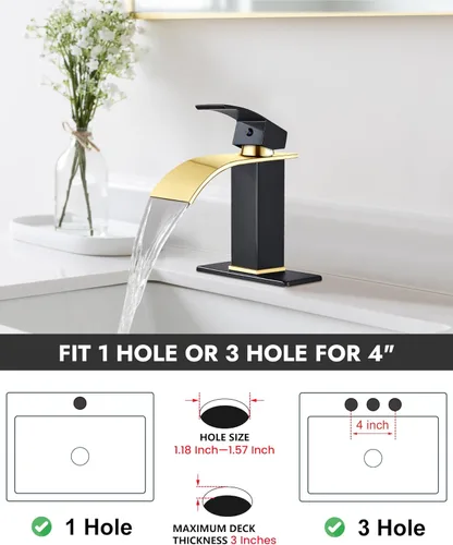 Miniatura 4 de Midanya Grifo de baño con caño de cascada, montaje en cubierta de un solo orificio o 3 orificios, grifo de fregadero de acero inoxidable 304
