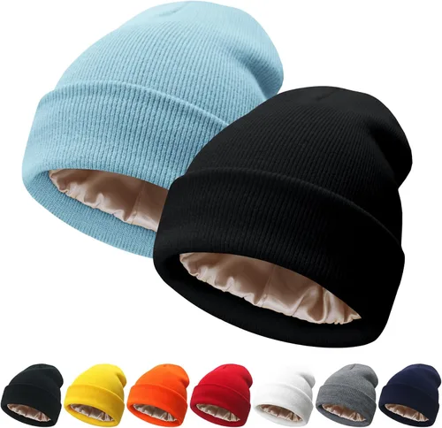 Miniatura 19 de NPQQUAN 2 PCS Satin Lined Beanie for Women Silk Lined Beanies Winter Warm Soft Lining Cuffed Knit Beanie Hats for Women