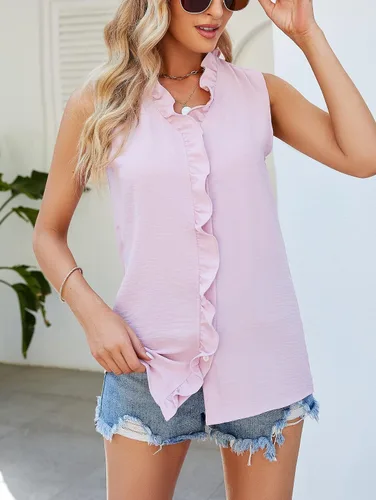 Miniatura 2 de Famulily Camiseta sin mangas con volantes para mujer, cuello en V, sin mangas, con solapa, botones frontales