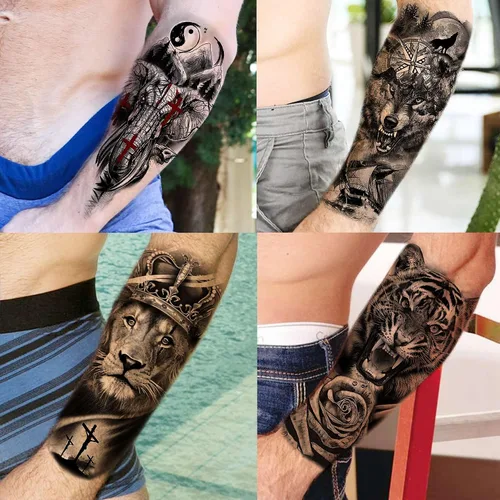 Miniatura 4 de Bilizar 63 hojas de tatuajes tribales temporales de lobo, león, tigre para hombres, mujeres, adultos, aterradores tatuajes temporales de calavera