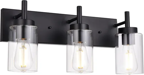 Lámpara de tocador para baño, color negro, 3 luces, lámpara de pared rústica con pantalla de vidrio transparente, lámpara de pared vintage para