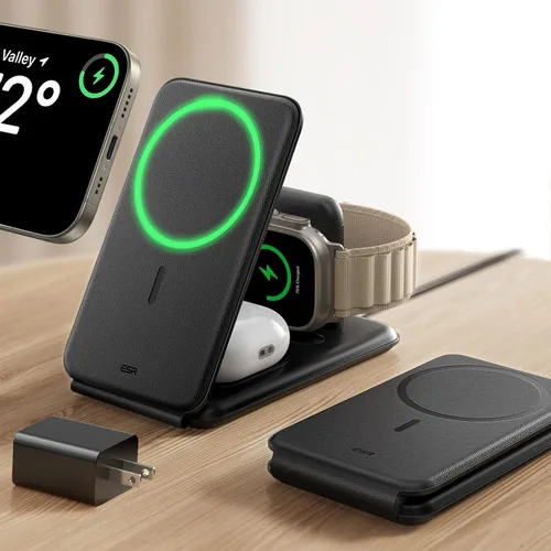 ESR Estación de Carga 3 en 1 para Apple, Cargador Certificado para Apple Watch, Soporte de Cargador MagSafe de 15W para iPhone, Cargador de Viaje