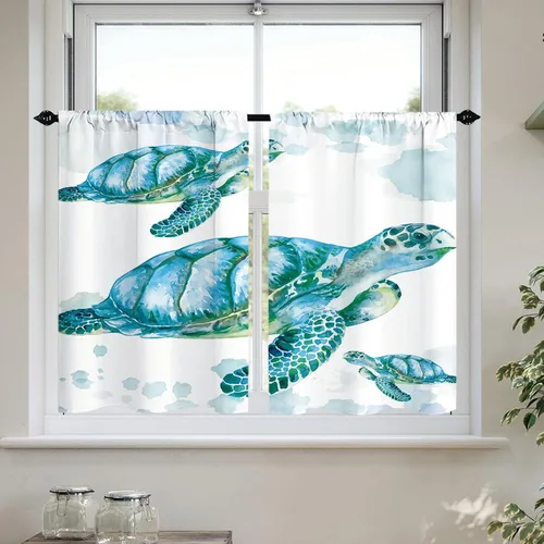 Miniatura 14 de Cortinas cortas de cocina con diseño náutico de tortugas marinas azules y playas, media cortina de baño para dormitorio, juego de 2 paneles de 27.5