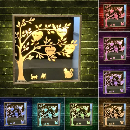 Miniatura 10 de Rompecabezas de nombre de familia personalizado, luz LED, espejo de corazón, espejo de dormitorio, espejo acrílico personalizado de 1 a 12 nombres