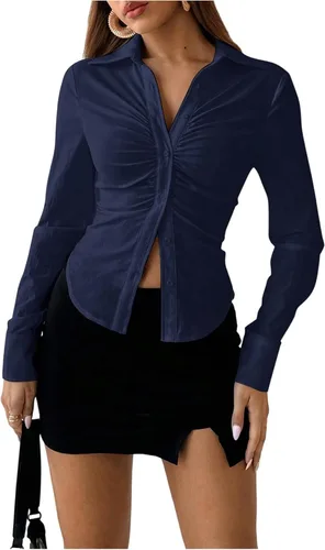 Miniatura 8 de SOLY HUX - Blusas de manga larga con botones y fruncidos para mujer, camisas de ajuste delgado, tops estéticos