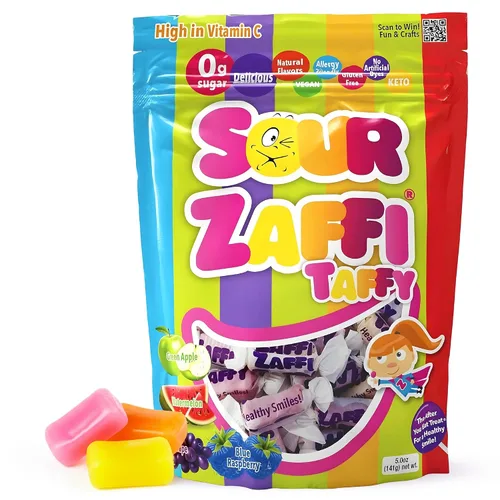 Zollipops Zaffi Taffy Sour en varios sabores agrios, sandía, manzana verde, frambuesa azul y uva, bolsa de 5 onzas