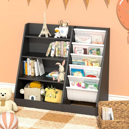 NACHES Estantería infantil de madera de 4 niveles con 5 compartimentos tipo bandolera para niños, estantería Montessori para niños pequeños, soporte