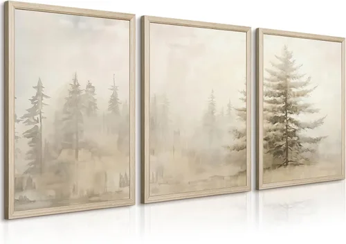 Arte de pared de bosque brumoso, arte de pared de abeto, paisaje natural, lienzo, impresiones abstractas de bosques, pintura de granja, póster