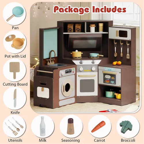 Miniatura 8 de Cocina esquinera de madera con luces y sonido, electrodomésticos completos y accesorios completos, juego de cocina para salas