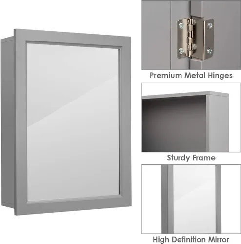 Miniatura 7 de GOFLAME Botiquín de baño, armario de almacenamiento con espejo de montaje en pared con una sola puerta y estante ajustable, organizador de madera