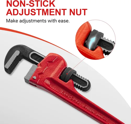 Miniatura 2 de MAXPOWER Llave de tubo recto de 12 pulgadas, llave de fontanero ajustable resistente, herramienta de plomería de acero tratado térmicamente