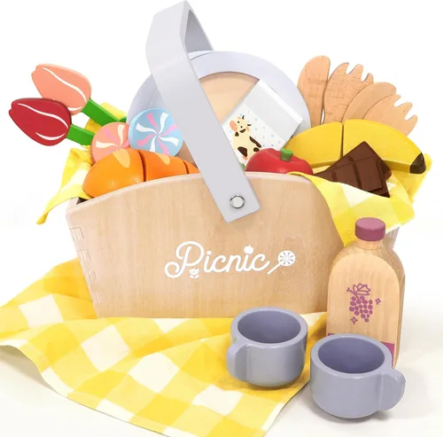 Pillowhale Juego de Comida de Picnic de Madera – Juego de Cocina de Juguete para Niños de 21 PIEZAS con Manta, Frutas para Cortar y Configuraciones