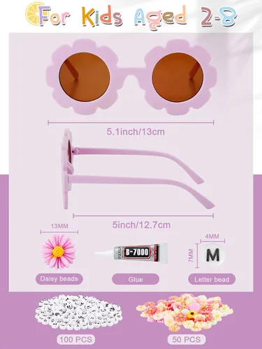 Miniatura 2 de Dunzy 10 pares de lentes de sol redondos de flores para niños, gafas de bricolaje para exteriores, con 50 margaritas, 100 cuentas de letras al azar