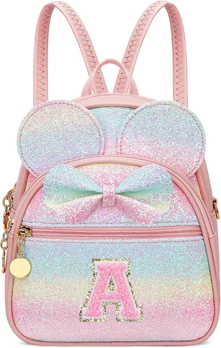 KKXIU Mochilas Mini con Moño Inicial para Niñas y Mujeres, Linda Mochila Pequeña con Asa de Bolso, Regalos Personalizados para Niños, Arcoíris,